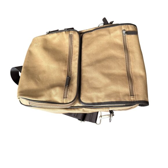 Levenger Tan Canvas Messenger Bag With Multiple Zipper Pockets & Black Strap - Picture 9 of 9